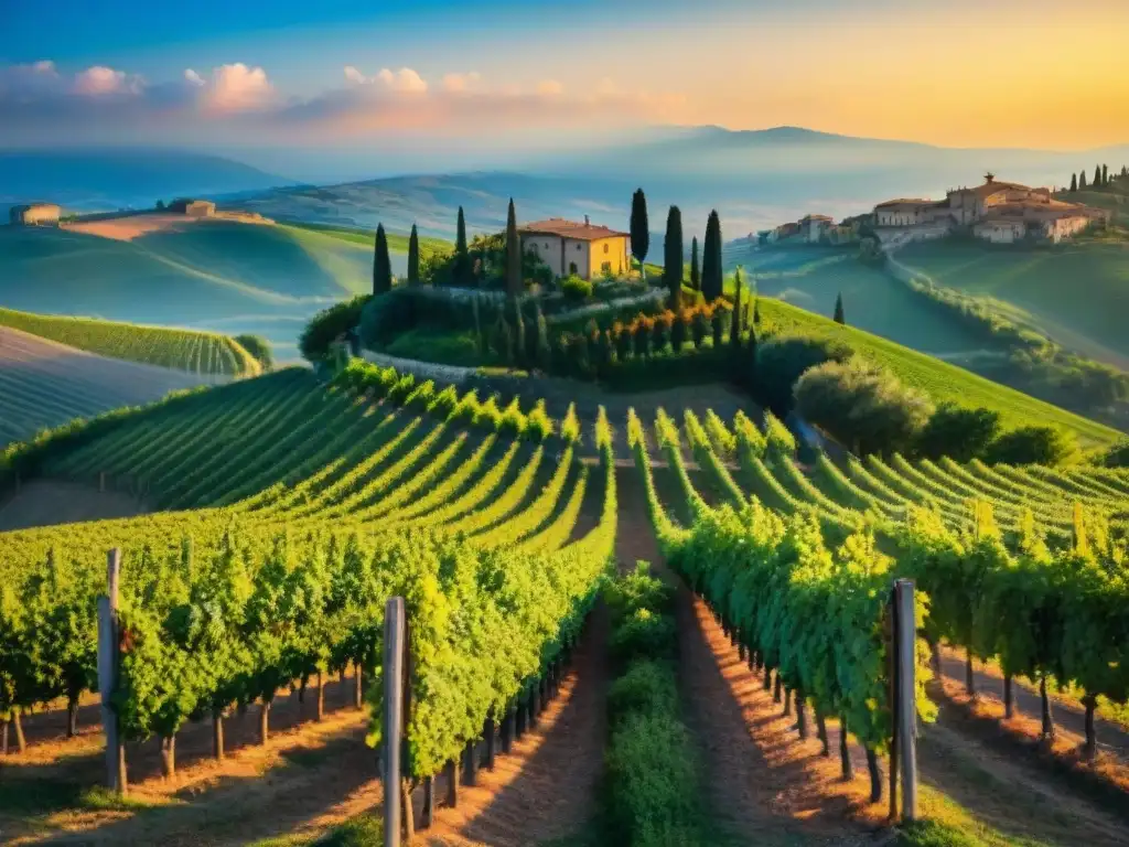 Viñedo en la Toscana al atardecer, con hileras de vides verdes bajo el cálido sol, reflejando la tradición vinícola italiana