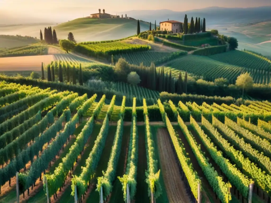 Un viñedo en Toscana al atardecer, con locales disfrutando vino