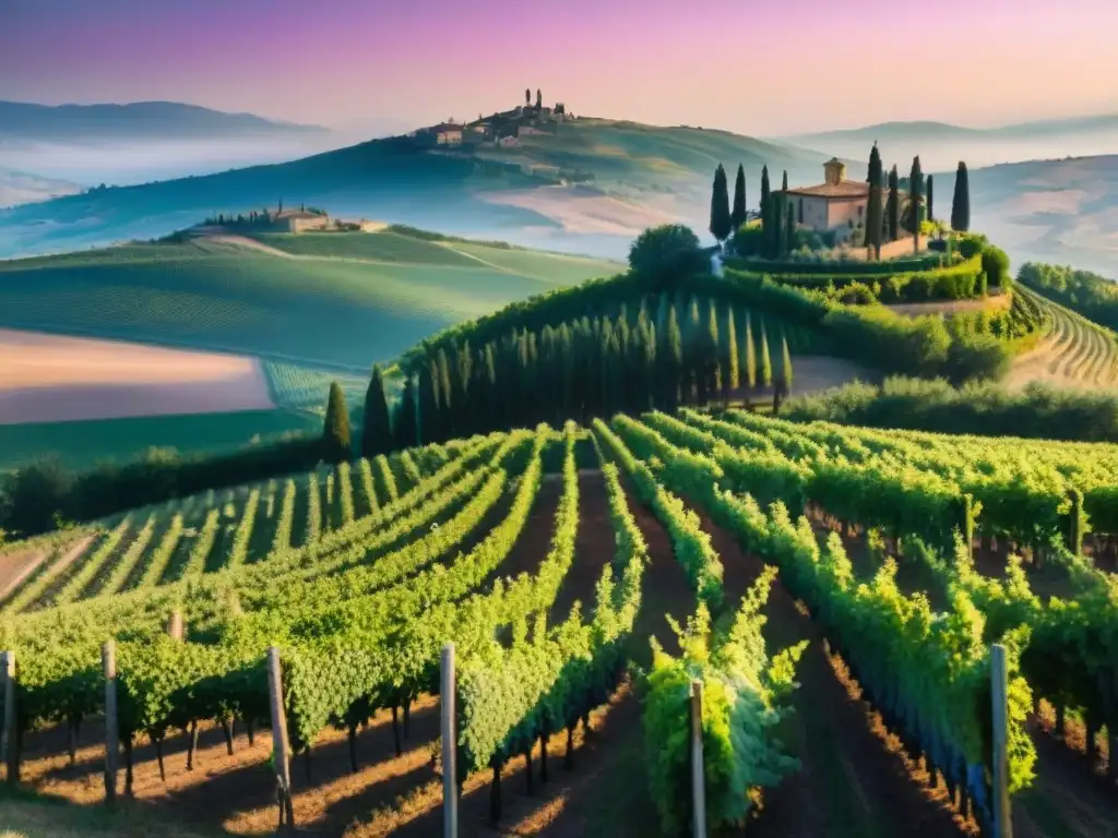 Viñedo en Toscana al atardecer con tonos naranja, rosa y morado