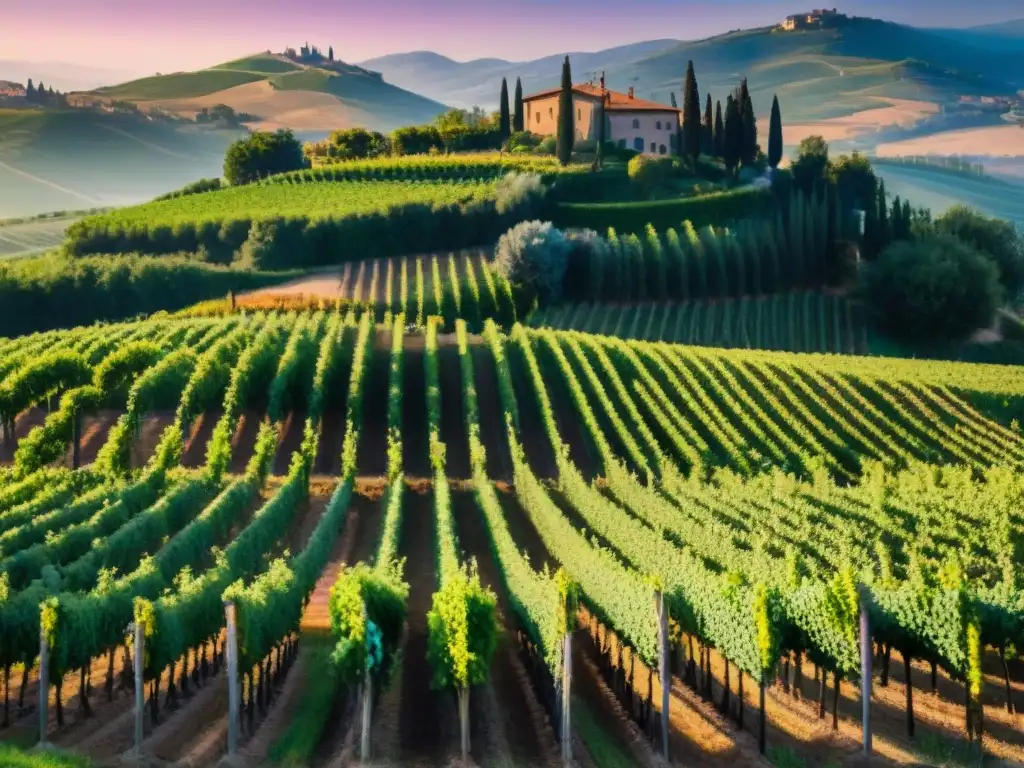 Viñedo en Toscana al atardecer con vinos italianos certificados técnicas cata