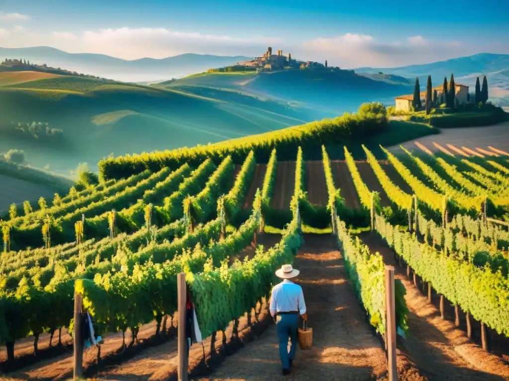 Viñedo en Toscana bañado por el sol, agricultores cuidan vides, reflejando tendencias vinos italianos certificación