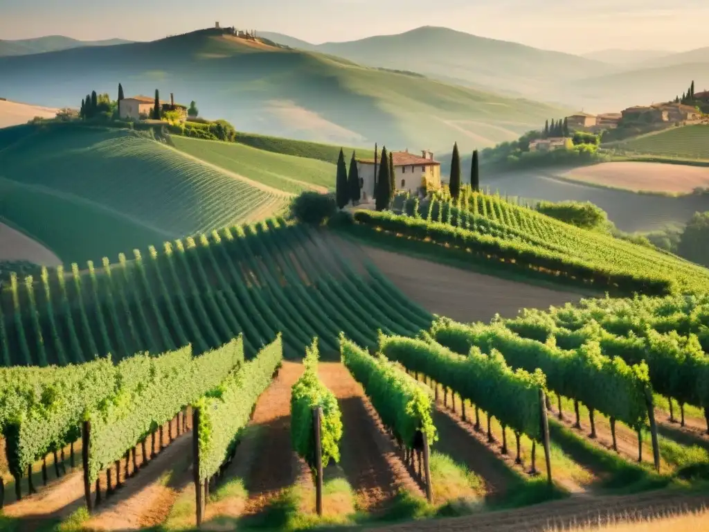 Un viñedo en la Toscana bañado por el sol, con hileras de vides verdes frente a colinas