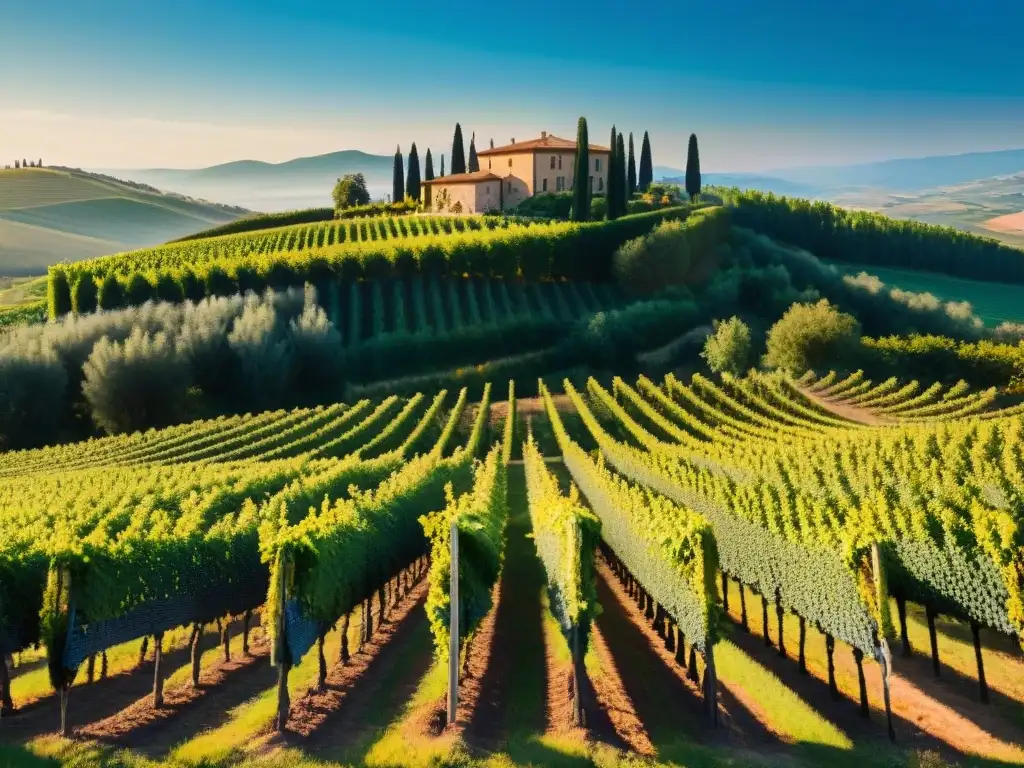 Viñedo en Toscana iluminado por el sol, ideal para los amantes de los mejores vinos italianos para invertir