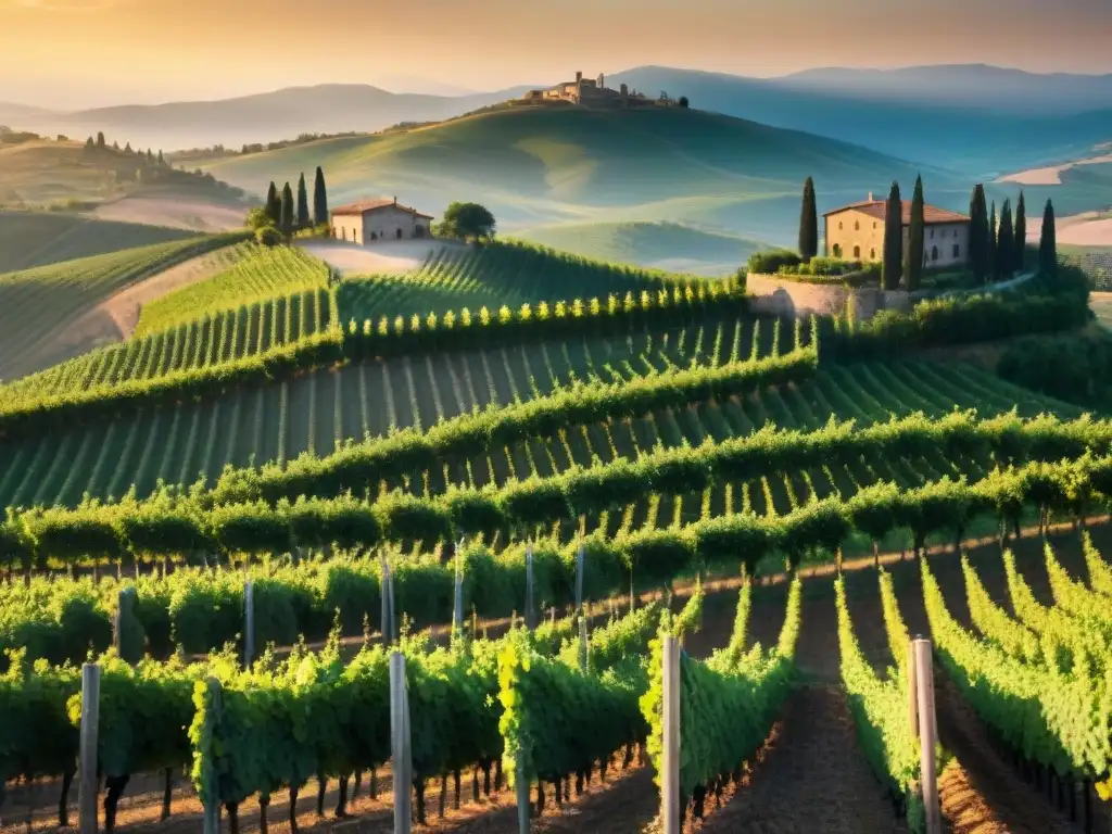 Un viñedo en la Toscana, Italia, bañado por el sol, muestra filas de uvas verdes y maduras