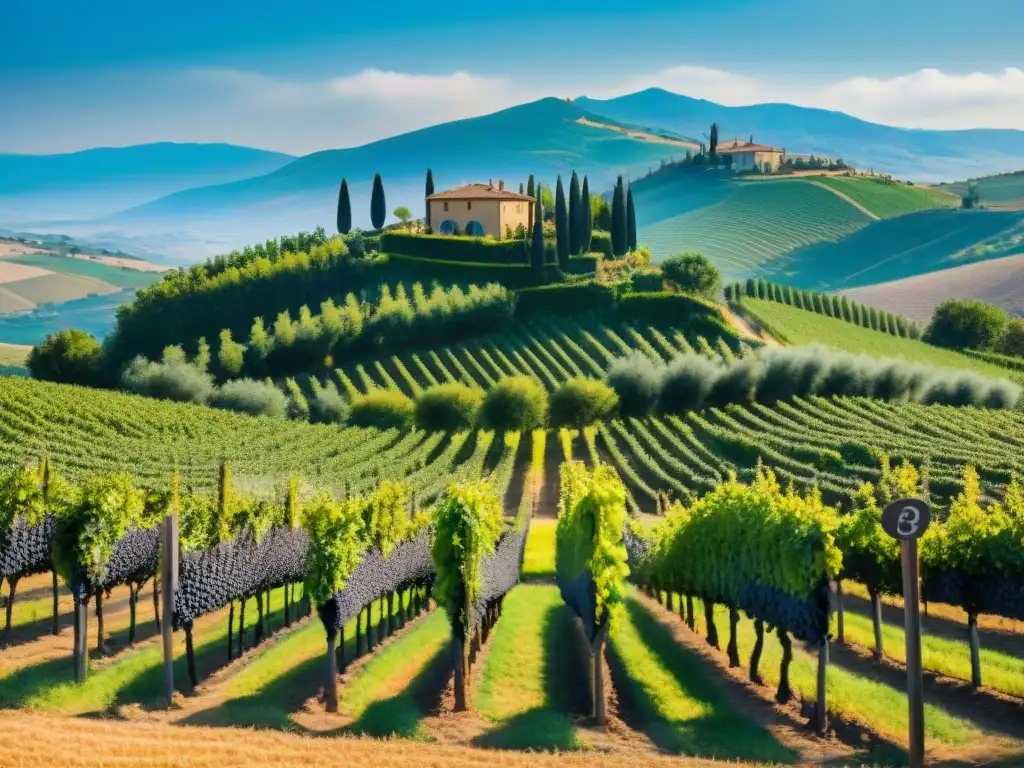 Viñedo en Toscana bajo el sol, con uvas verdes cuidadas por trabajadores