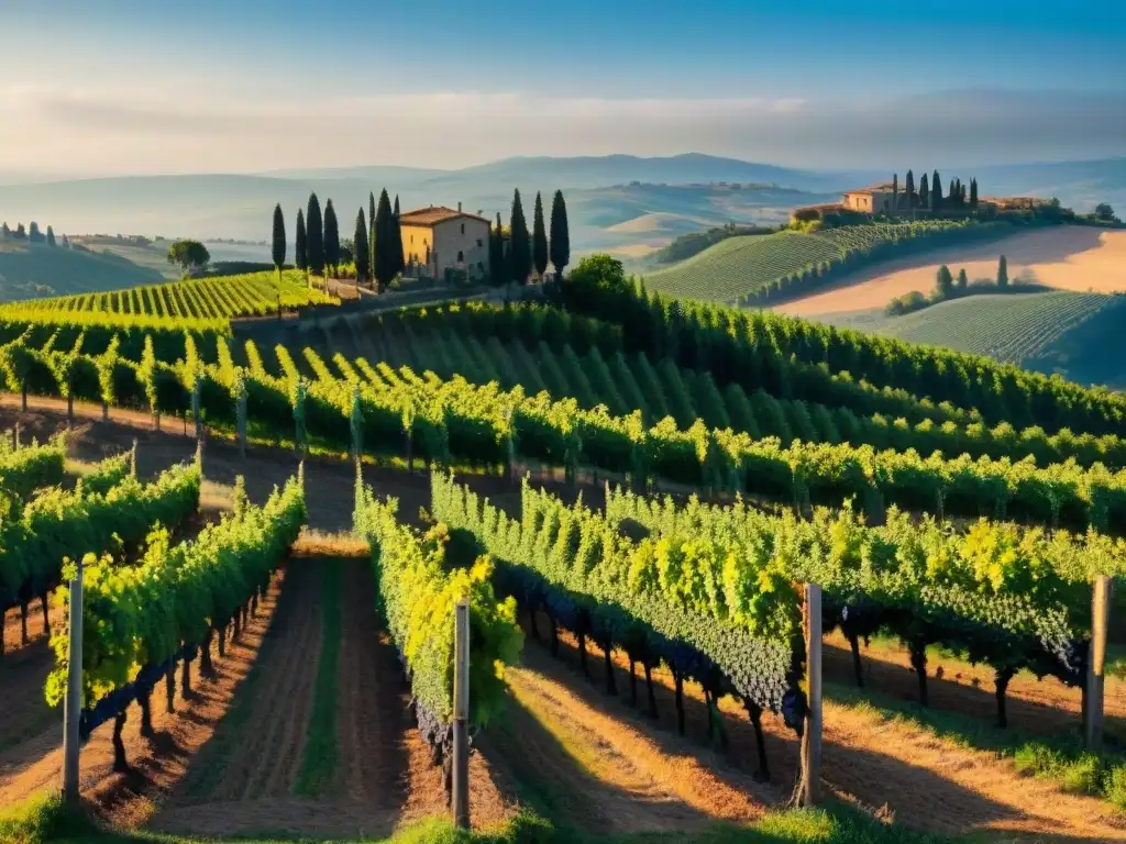 Viñedo en la Toscana con uvas Sangiovese bañadas por el sol dorado, evocando tradición y la historia vinícola de la región