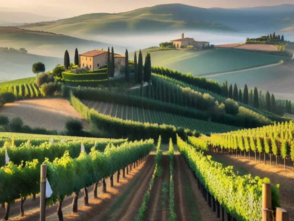 Un viñedo toscano al atardecer, bañado por la cálida luz dorada del sol, con uvas y una granja al fondo