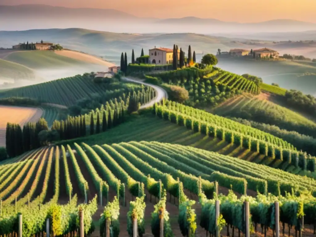 Un viñedo toscano al atardecer con maridajes lujosos vinos Super Tuscans