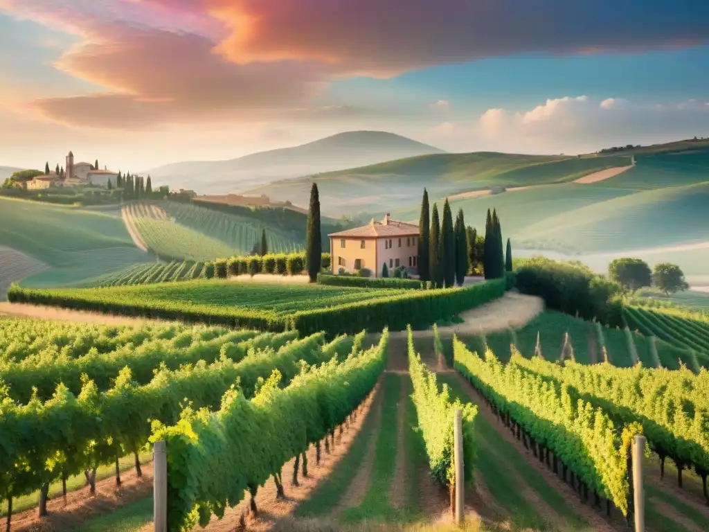 Un viñedo toscano al atardecer: vides verdes, cielo pastel y una villa italiana