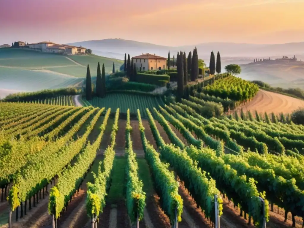 Viñedo toscano al atardecer con villa italiana, cielo rosado y revistas vino italiano impacto cultural