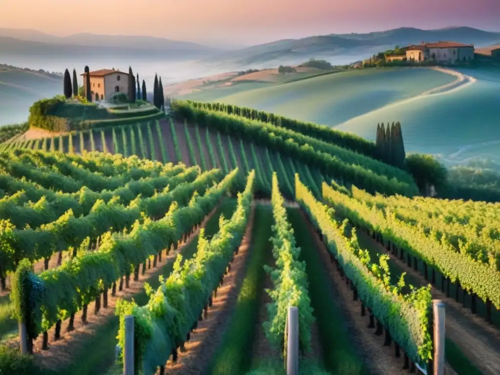 Viñedo toscano al atardecer con viñedos verdes bajo un cielo de tonos cálidos