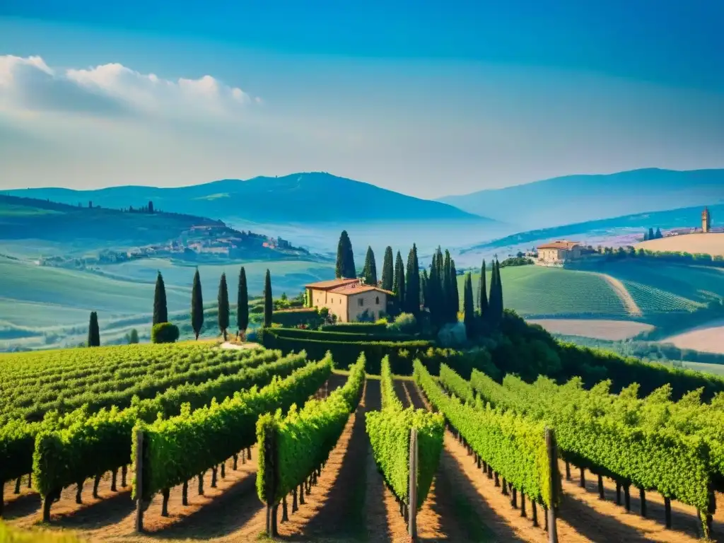 Viñedo toscano en Florencia: belleza natural y serenidad Viñedo toscano en Florencia con filas de uvas verdes bajo cielo azul, villa histórica y colinas