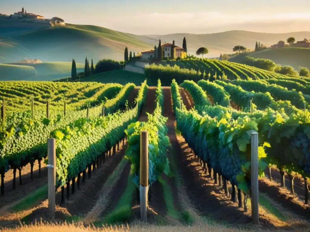 Viñedo toscano al amanecer: vides de Sangiovese con colinas de Toscana al fondo