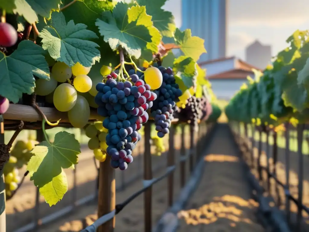 Un viñedo urbano con uvas italianas en espacios urbanos, entre edificios altos y la vida de la ciudad