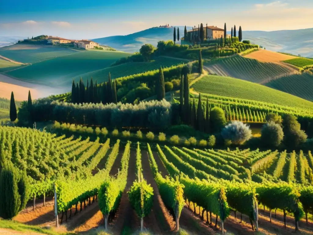 Un viñedo vibrante en la Toscana al atardecer, con filas meticulosas de uvas verdes y granadas maduras