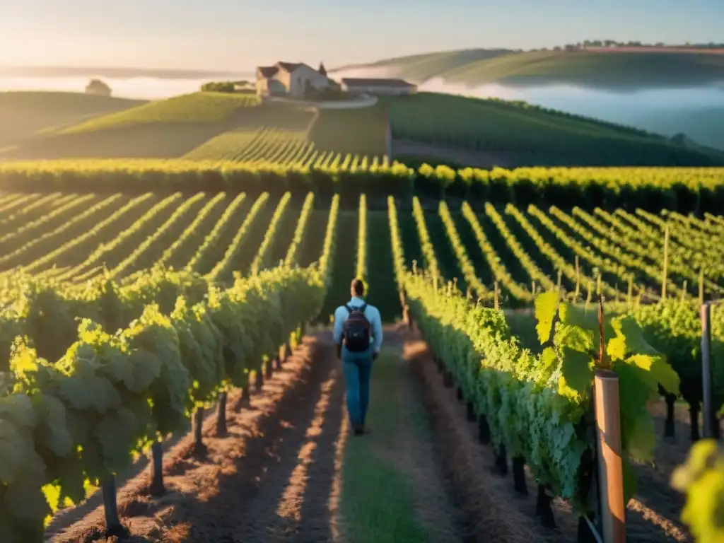 Vinedos al amanecer con agricultores practicando sostenibilidad en evento vinícola promoviendo biodiversidad