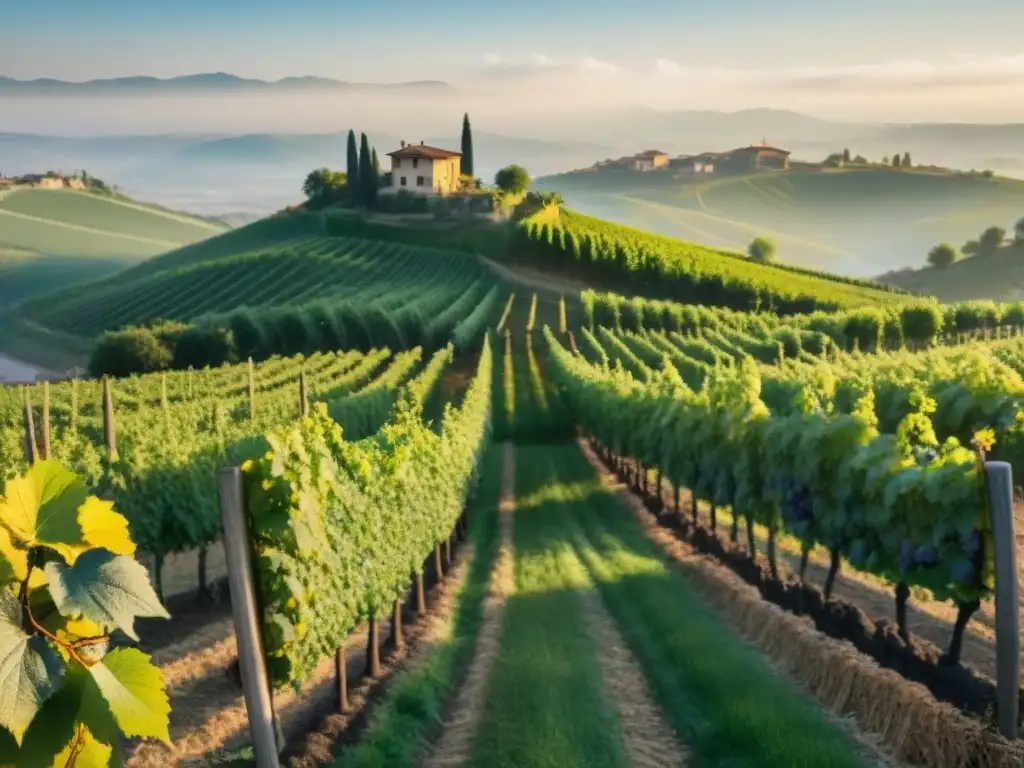 Viñedos en Piemonte al amanecer, uvas blancas maduras brillando con rocío