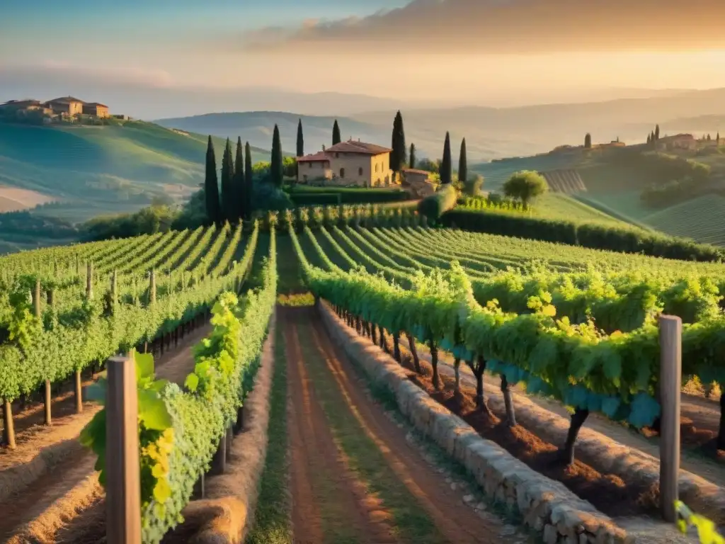 Vinedos de Chianti al atardecer en Toscana, con casa de piedra y colinas doradas