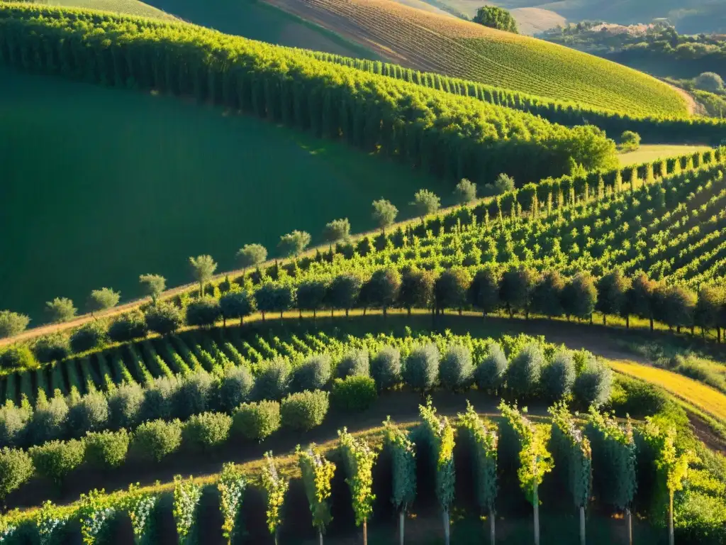 Vivid viñedos en las colinas de la Toscana al atardecer