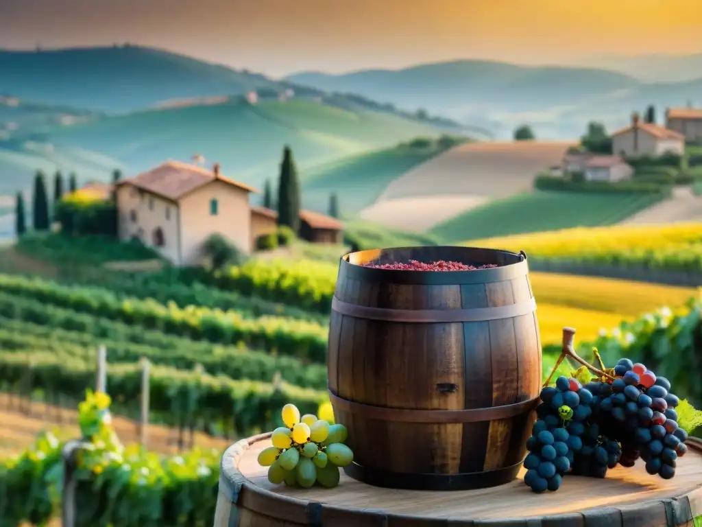 Viñedos dorados de Modena al atardecer, barril rebosante de uvas para vinagre balsámico, tradición italiana