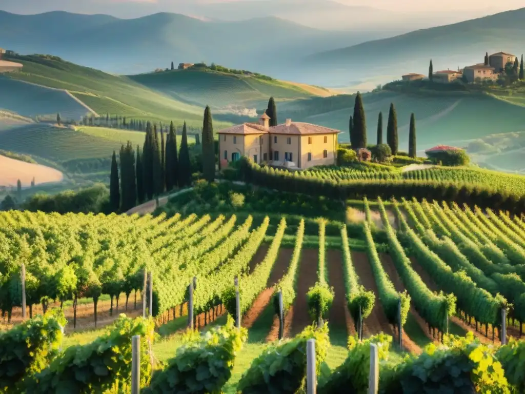 Viñedos exclusivos en Italia: Atardecer dorado sobre colinas de la Toscana, con villa tradicional entre viñedos