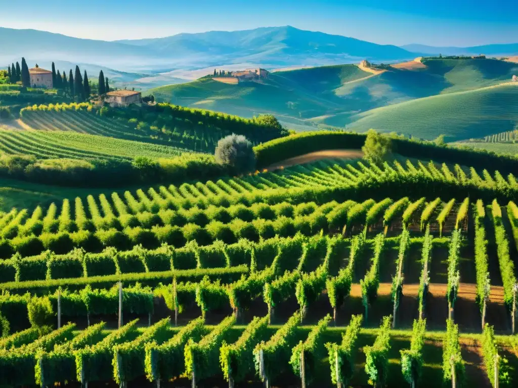 Viñedos exclusivos en Italia: Majestuosos viñedos verdes en la campiña toscana, bajo un cielo azul