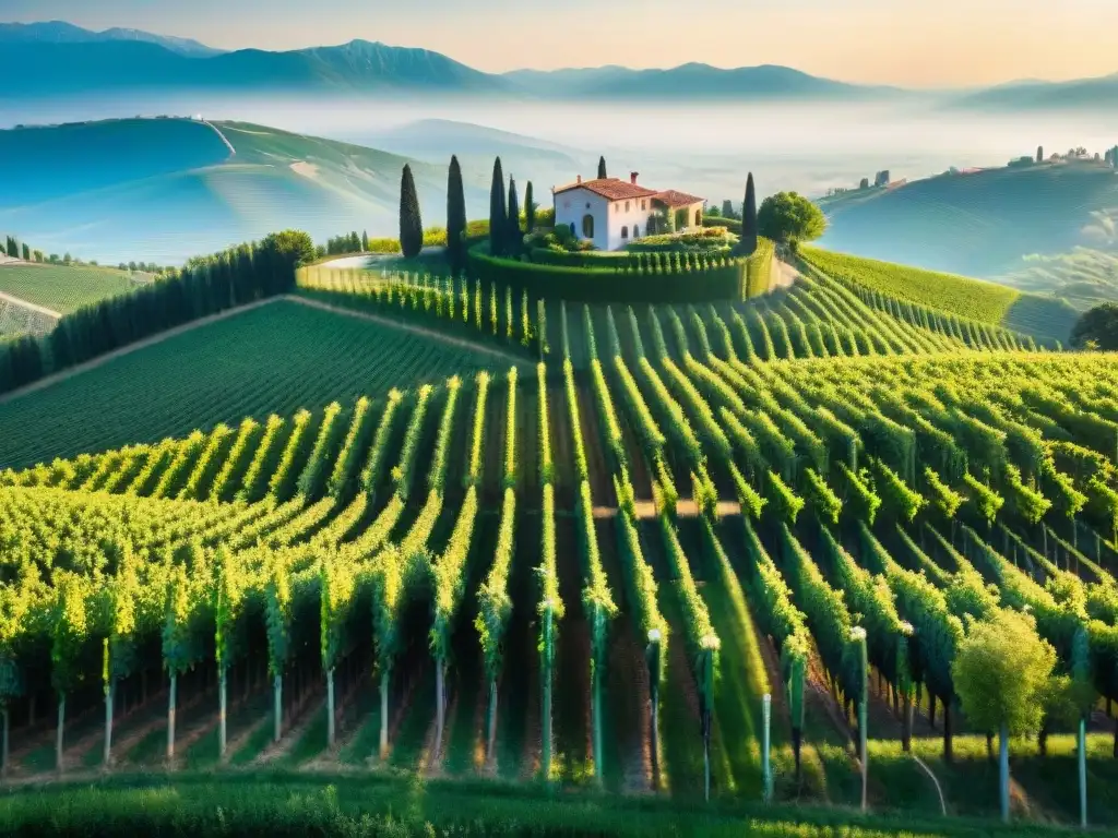 Viñedos exclusivos en Italia: Maravillosa vista aérea de colinas con viñedos, cipreses y granjas italianas