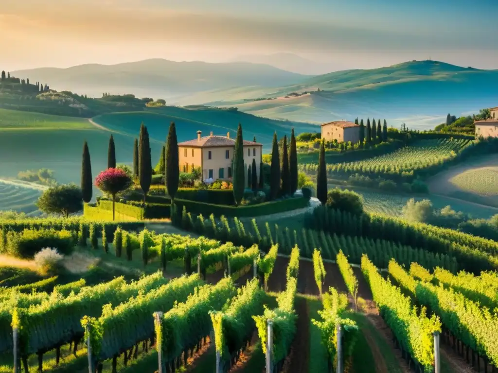 Viñedos exclusivos en Italia: Paisaje idílico de colinas toscanas con viñedos, cipreses y villa de piedra