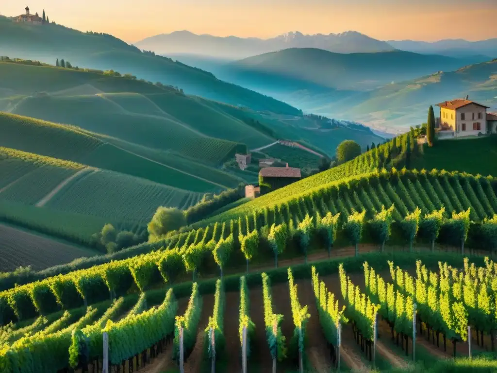 Viñedos italianos bañados por la cálida luz dorada al atardecer, historia y vinos en Piedmont