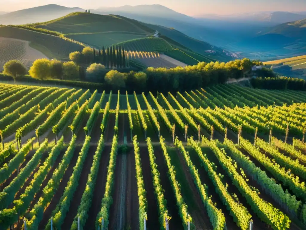 Viñedos italianos bañados por la cálida luz del atardecer en Abruzzo, mostrando la belleza y tranquilidad de la región vinícola