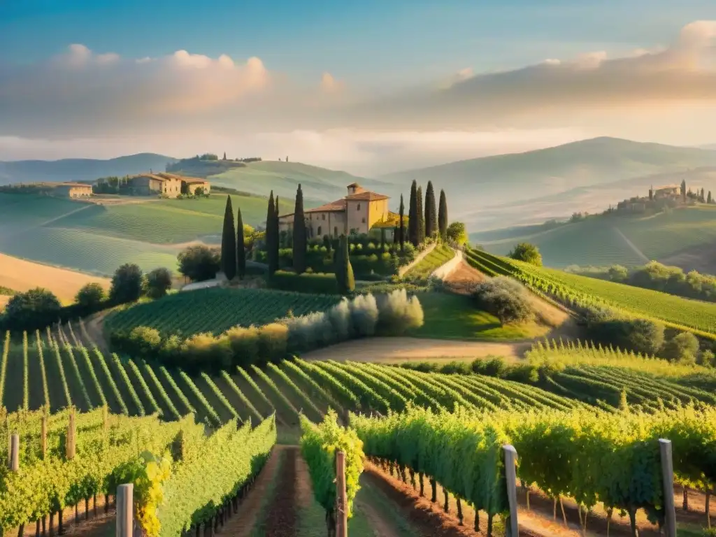 Viñedos italianos bañados por la cálida luz de la tarde, donde la historia y la tradición vinícola se entrelazan