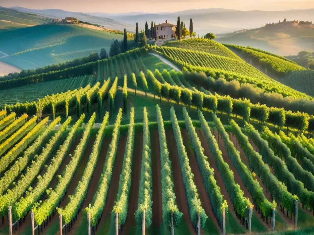 Viñedos italianos bañados por la luz dorada del atardecer, transmitiendo la historia y tradición de los vinos