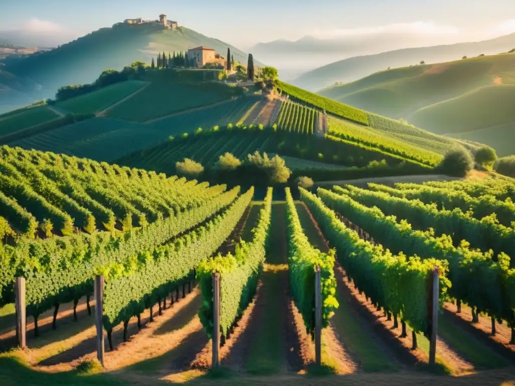 Viñedos italianos bañados por el sol al amanecer, transmitiendo historia y belleza atemporal