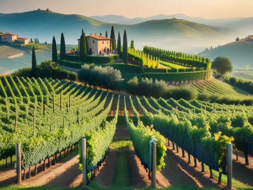 Viñedos italianos bañados por el sol, trabajadores cuidando las uvas y colinas con cipreses