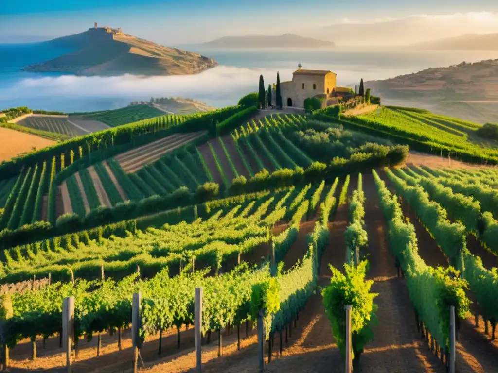 Viñedos italianos bañados por el sol al atardecer, con bodega histórica al fondo