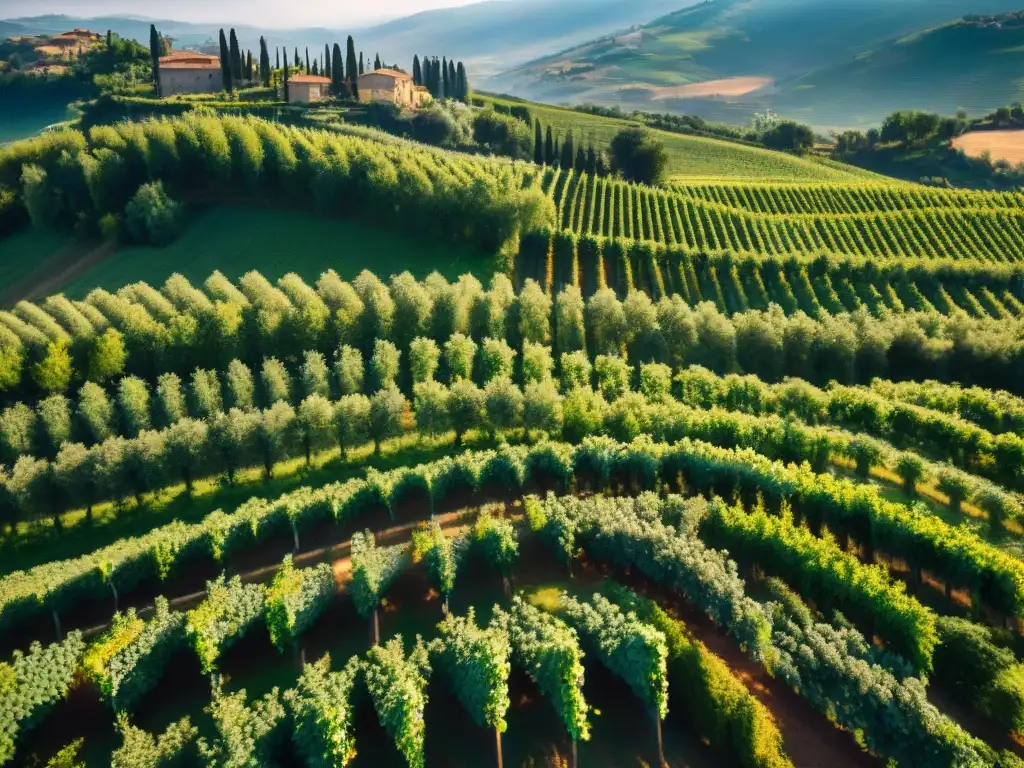 Viñedos italianos historia vinos: Vista aérea de viñedos en Toscana, con edificios antiguos de bodegas entre verdes vides