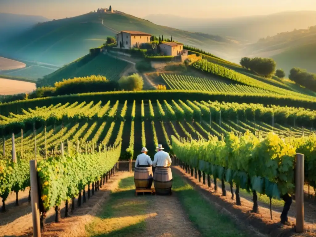 Viñedos italianos historia vinos: Antiguo viñedo al atardecer, con trabajadores cosechando uvas y prensa de madera en primer plano