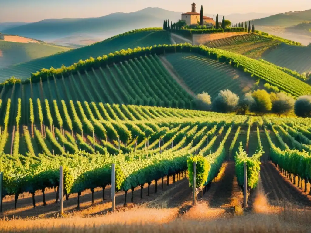 Viñedos italianos innovadores en enología: Trabajadores cosechando uvas al amanecer con maquinaria moderna y colinas de la Toscana de fondo