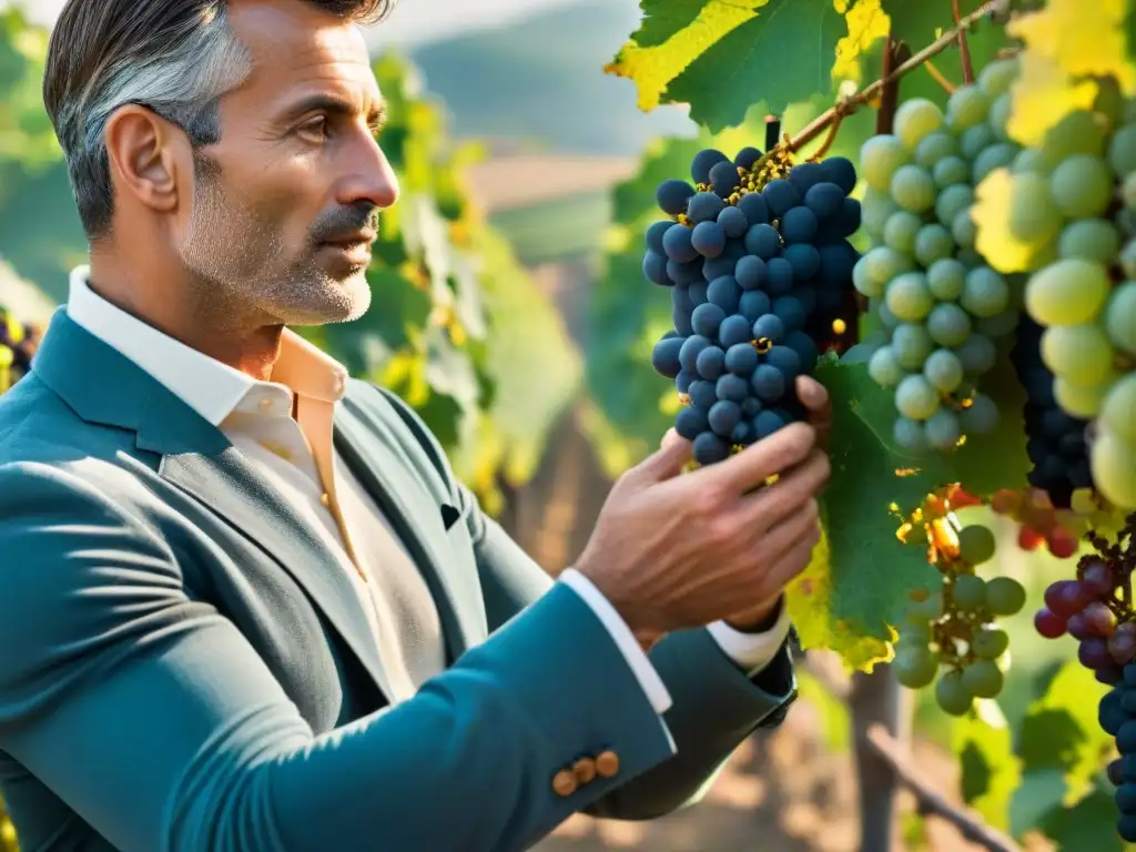 Viñedos italianos innovadores en enología: Viticultores seleccionando uvas bajo la cálida luz dorada