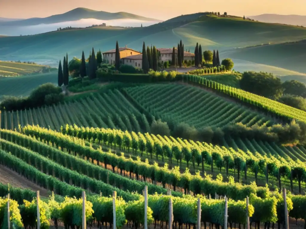 Viñedos italianos innovadores en enología: Viñedo pintoresco en la Toscana al atardecer