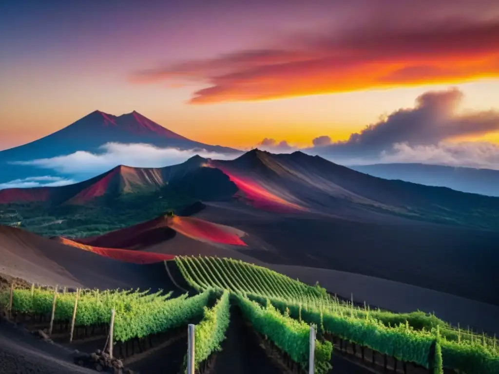 Viñedos en las laderas volcánicas de Monte Etna al atardecer, reflejando la esencia de los Vinos de Etna Sicilia cocina