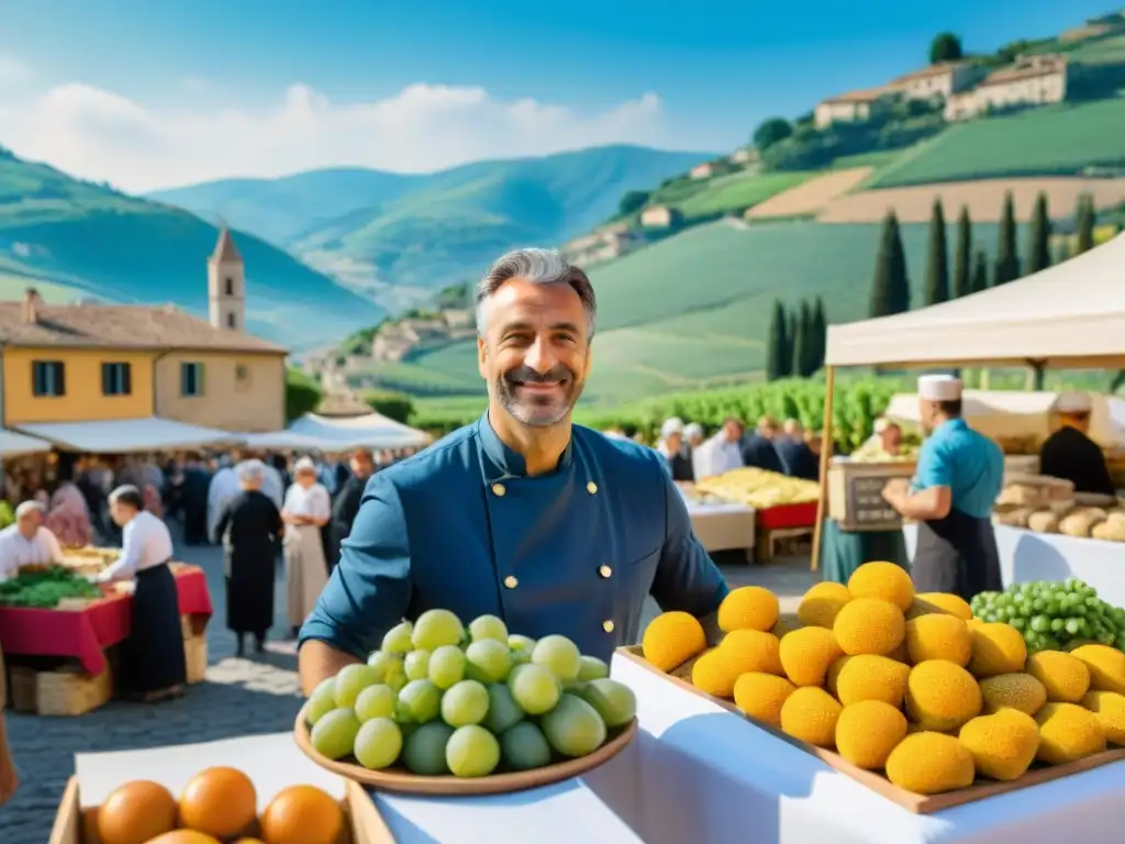 Viñedos y mercado en Piamonte, Italia, con influencia francesa en cocina piamontesa