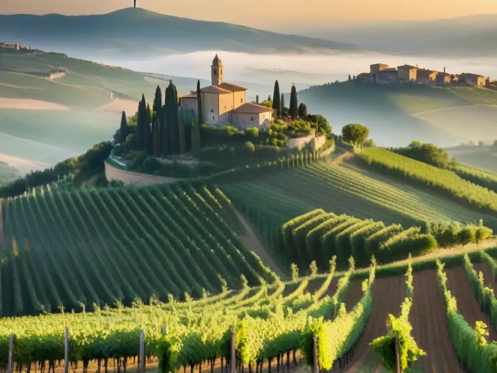 Viñedos ondulantes de Montepulciano al amanecer, bañados en luz dorada con sombras alargadas de las viñas