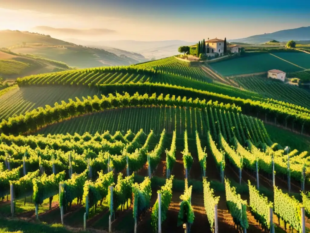 Viñedos orgánicos innovadores en Italia: vista aérea impresionante de viñedos verdes bajo el sol dorado