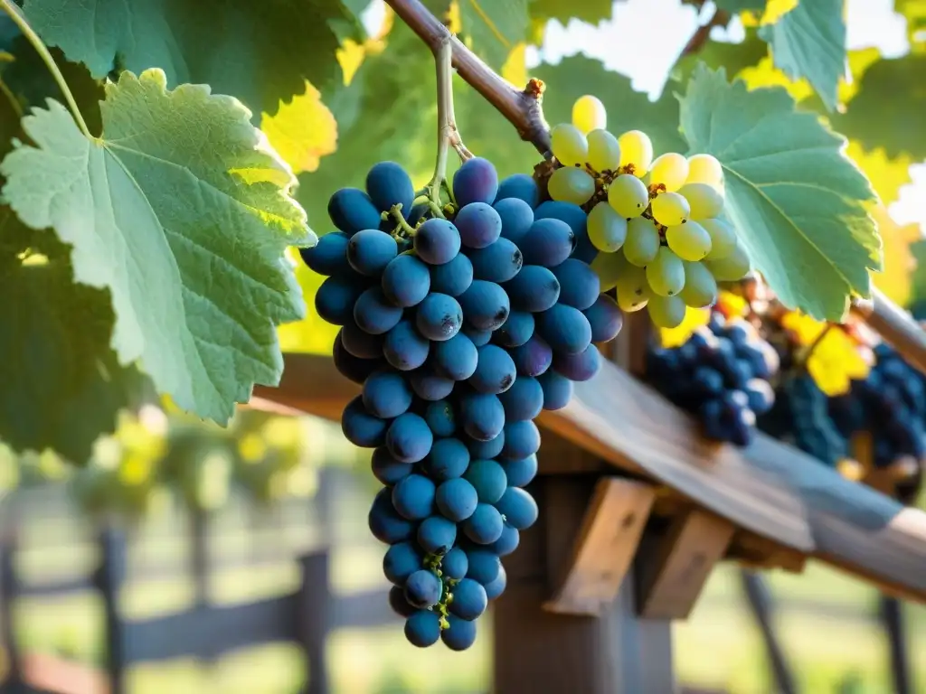 Viñedos orgánicos innovadores en Italia: Uvas púrpuras brillantes colgando de vides verdes bajo el cálido sol italiano