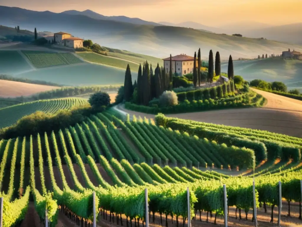 Viñedos pintorescos de la Toscana al atardecer dorado