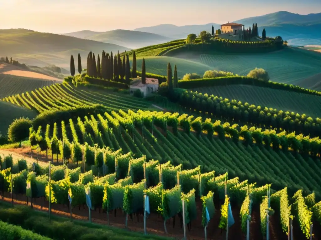 Vinedos de la Toscana al atardecer, con casa tradicional italiana