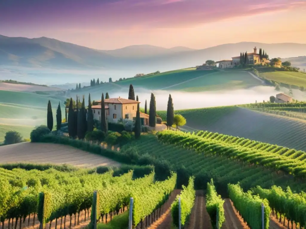 Viñedos de Toscana al atardecer, con uvas listas para la vendimia