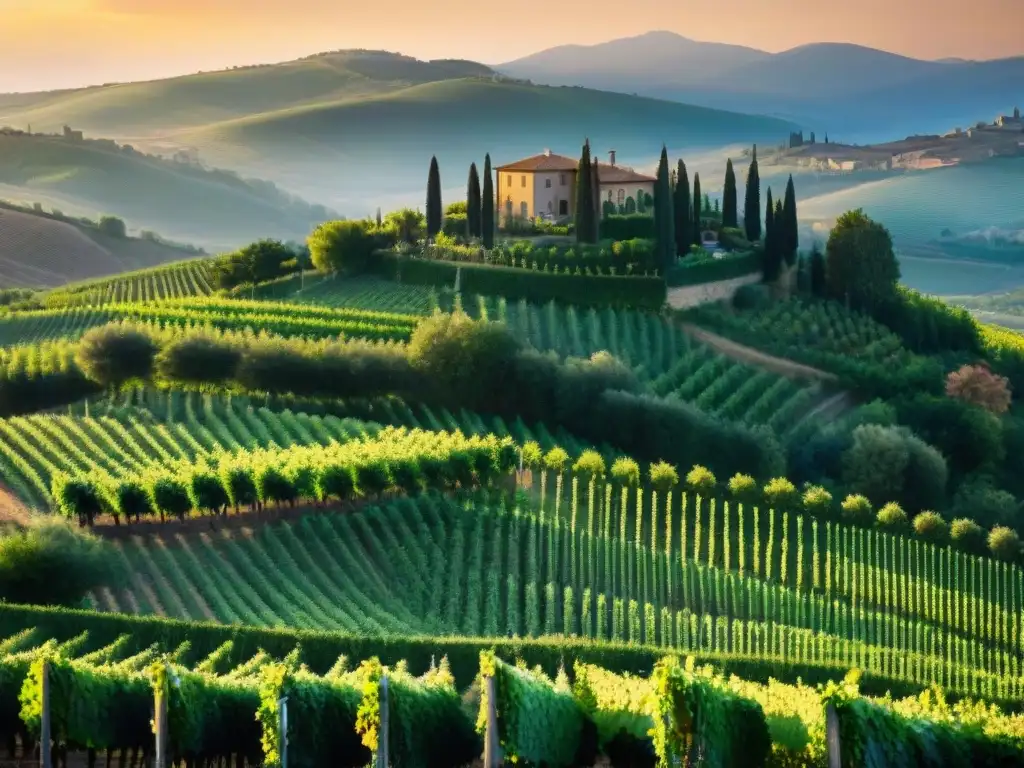 Vinedos en Toscana al atardecer, con viñedos verdes y cielo dorado