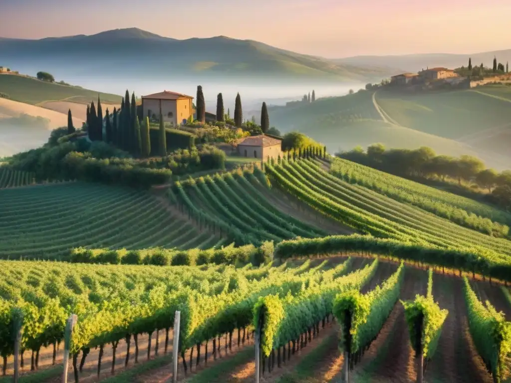 Viñedos de la Toscana al amanecer, con la luz dorada iluminando la bodega